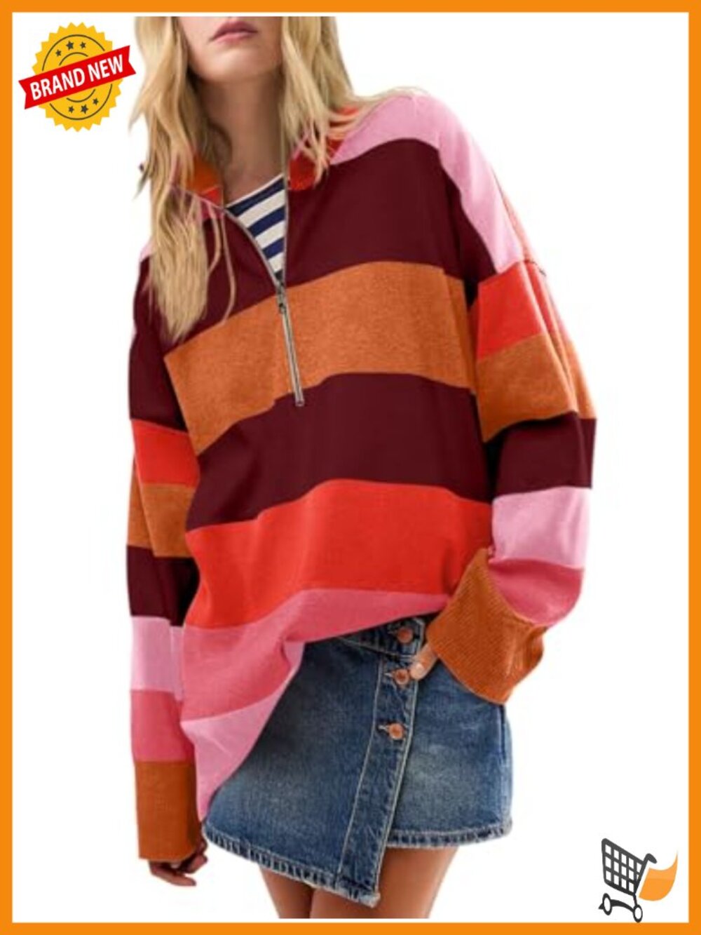 Striped Half Zip Pullover Sweater Soft Knit Long Sleeve Womens